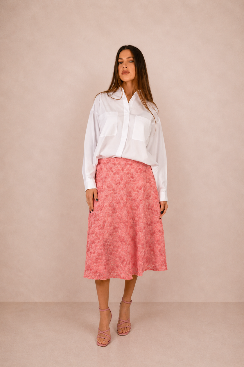 JULIETTA A-LINE TEXTURED FLORAL SKIRT - CORAL PINK