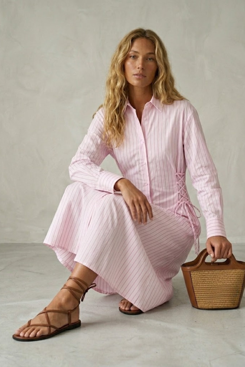 Rina Striped Shirt Dress with Lacing Details