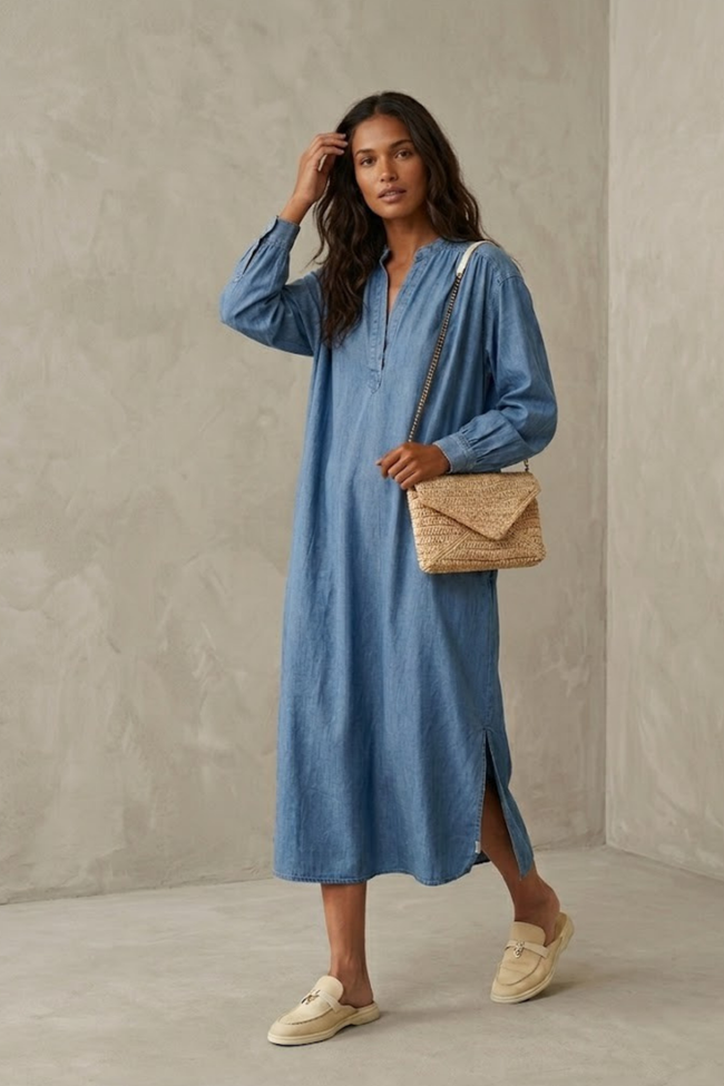 Romy Casual Blue Denim Dress with Side Slit
