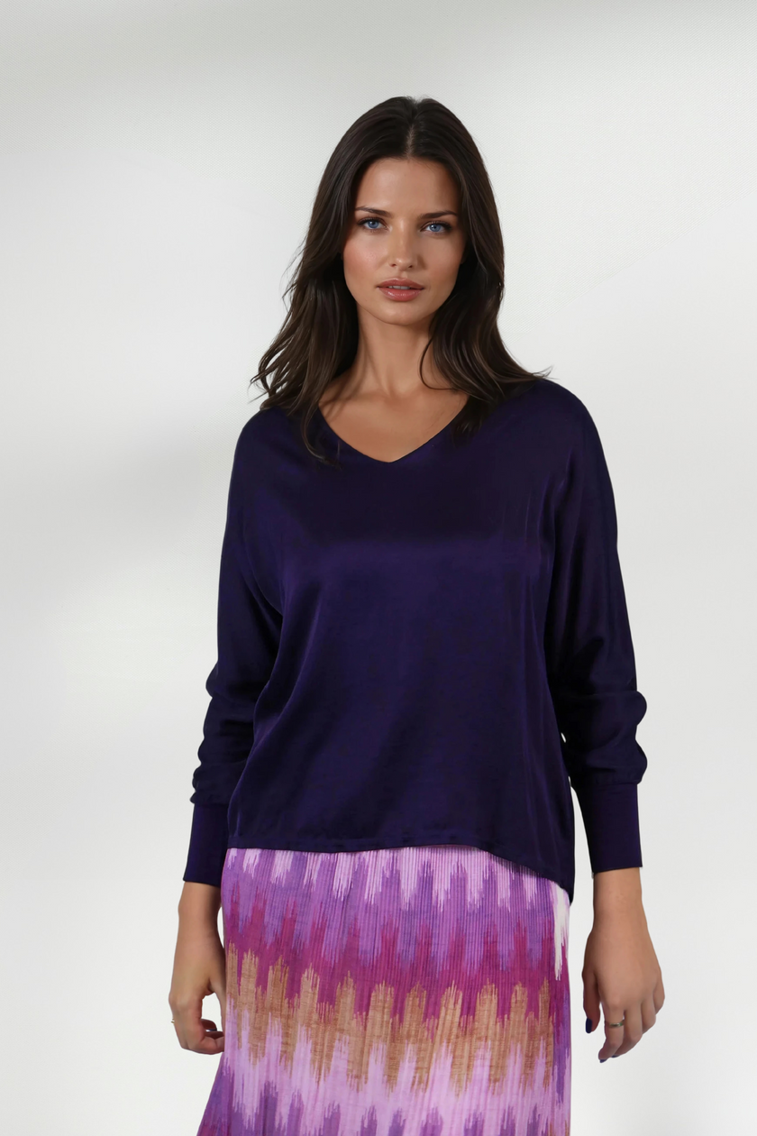 FELICIA PURPLE V-NECK SATIN-FEEL BLOUSE