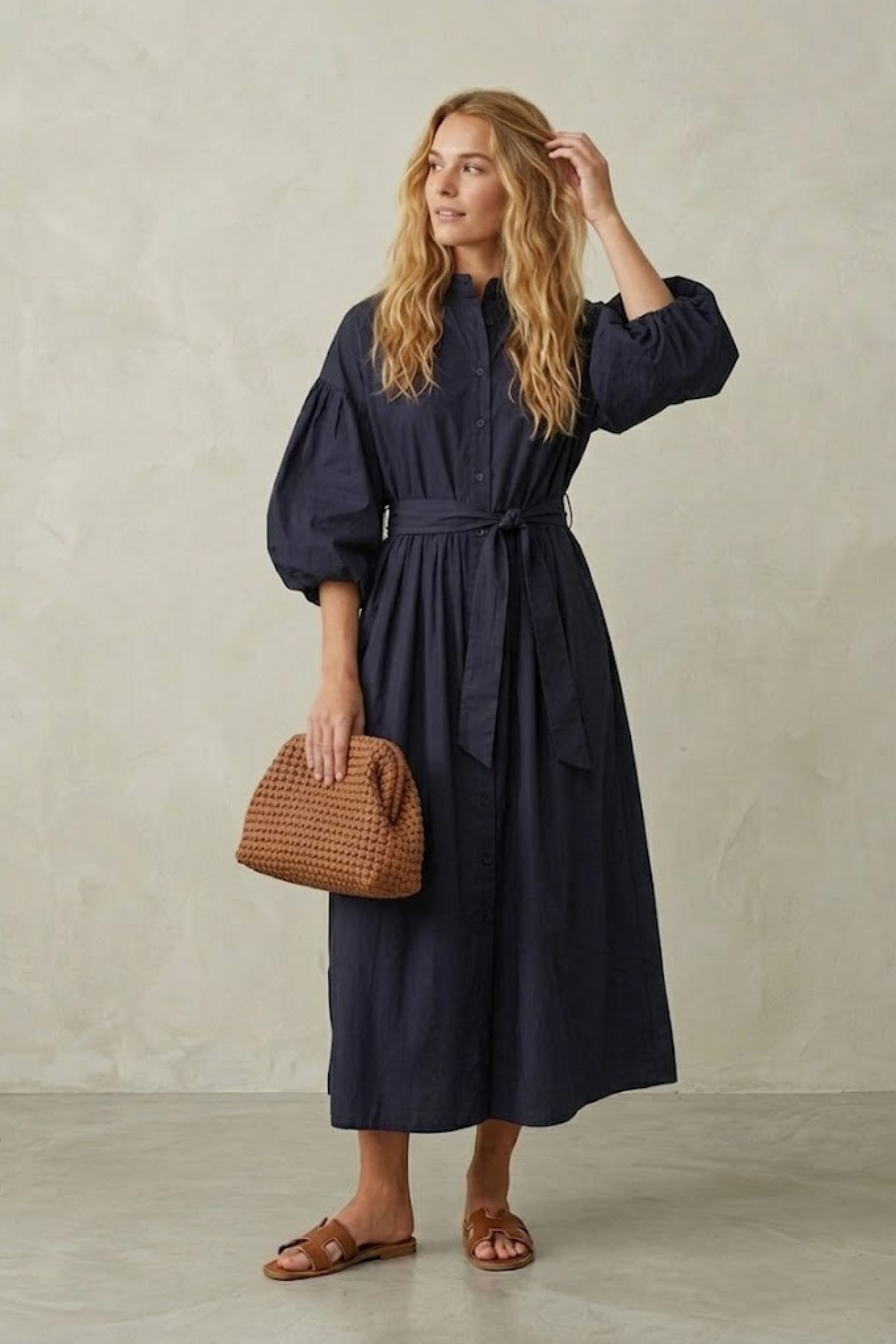Sally Navy Maxi Shirt Dress with Puff Sleeves