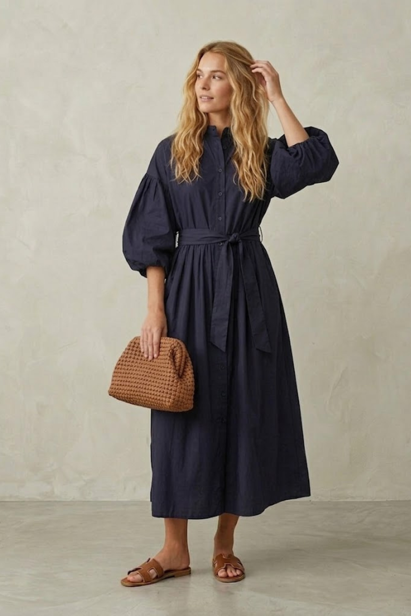 Sally Navy Maxi Shirt Dress with Puff Sleeves