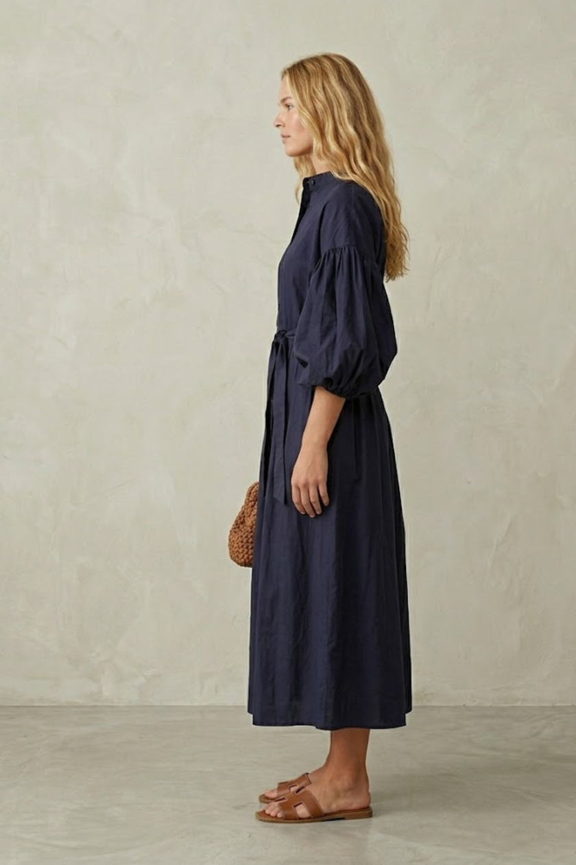 Sally Navy Maxi Shirt Dress with Puff Sleeves