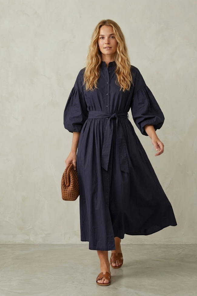 Sally Navy Maxi Shirt Dress with Puff Sleeves