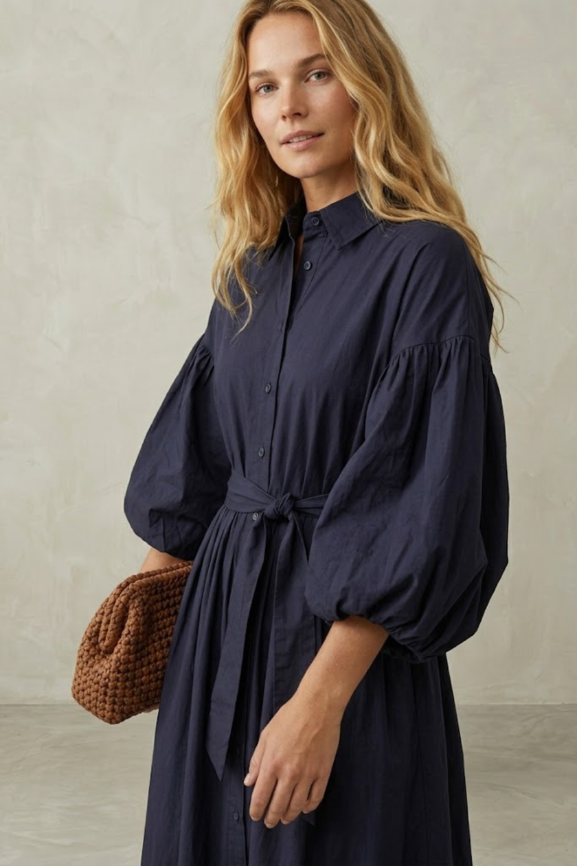 Sally Navy Maxi Shirt Dress with Puff Sleeves