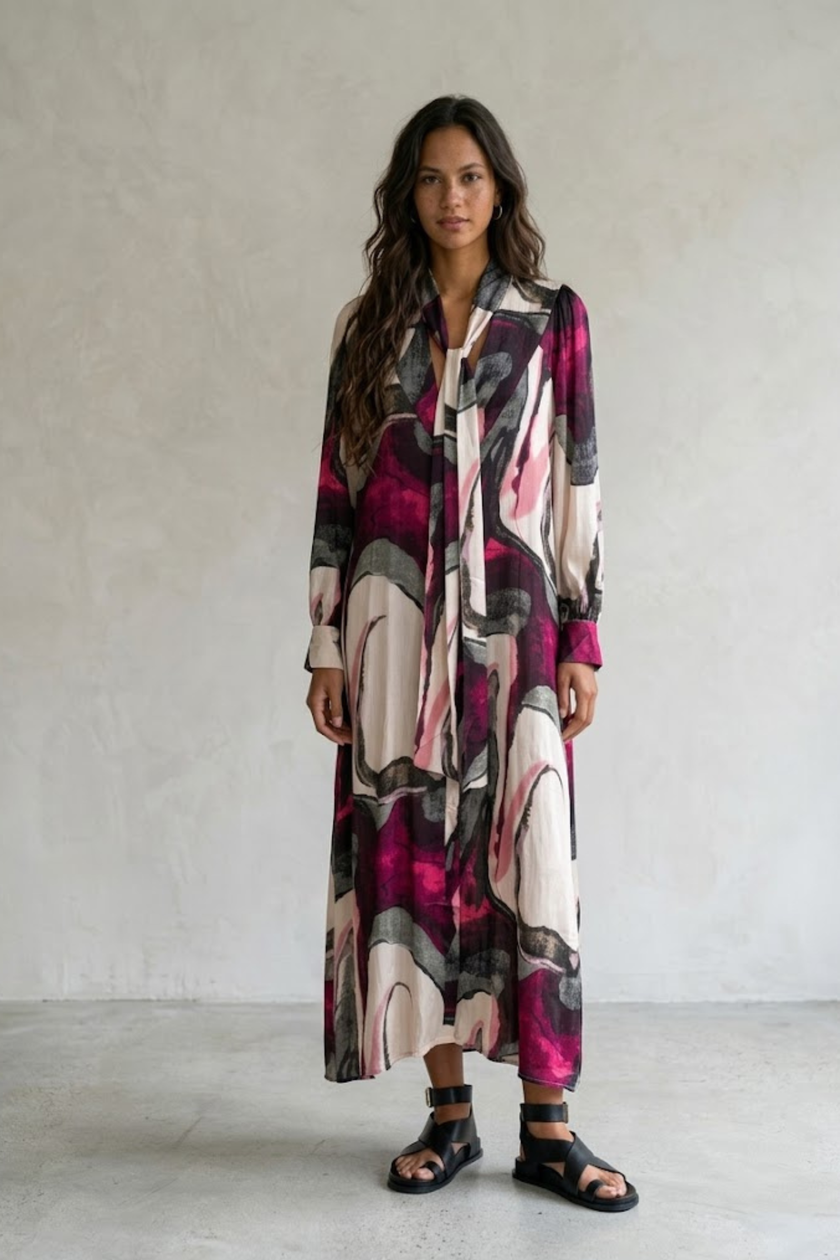 Miranda Abstract Print Dress with Lavalliere Neckline