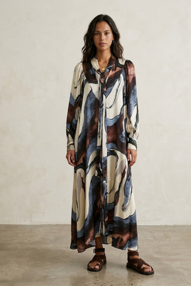 Miranda Abstract Print Dress with Lavalliere Neckline