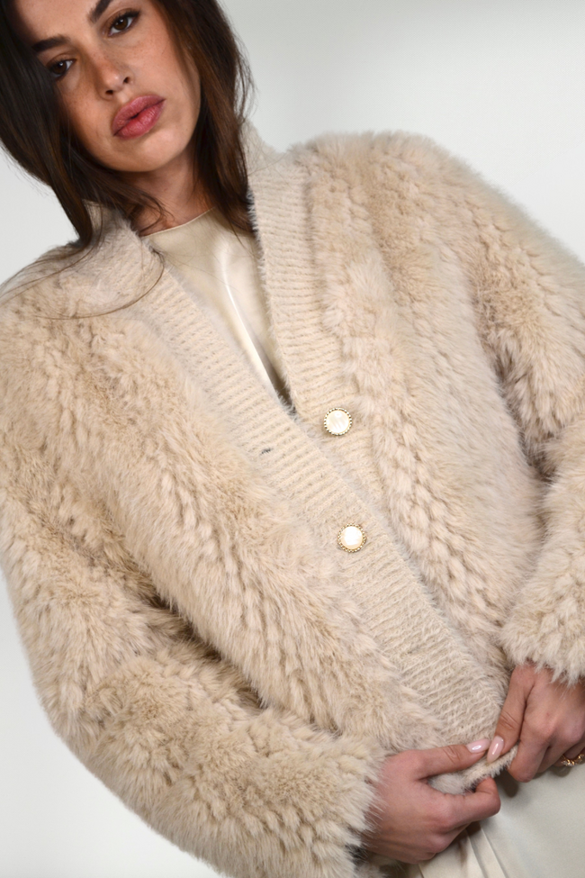 GIGI TEXTURED FAUX FUR CARDIGAN - BEIGE