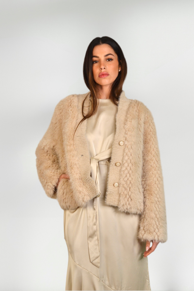 GIGI TEXTURED FAUX FUR CARDIGAN - BEIGE