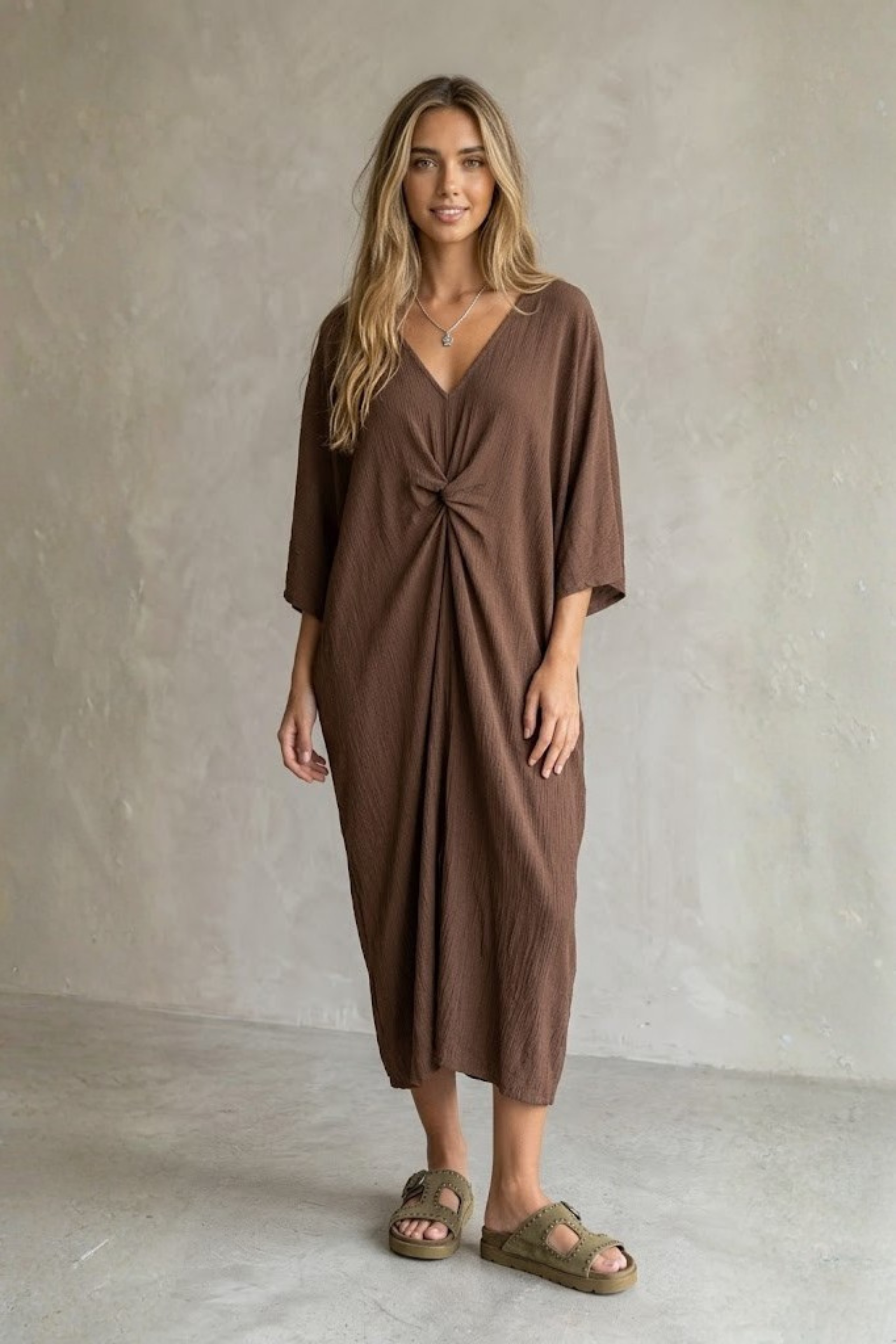 Elysa Knot-Front Textured Midi Dress
