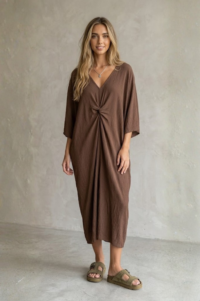 Elysa Knot-Front Textured Midi Dress