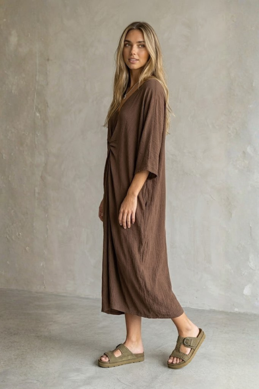 Elysa Knot-Front Textured Midi Dress