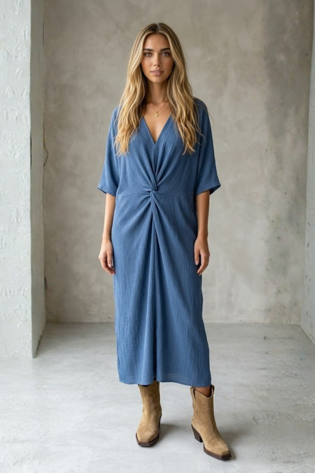 Elysa Knot-Front Textured Midi Dress