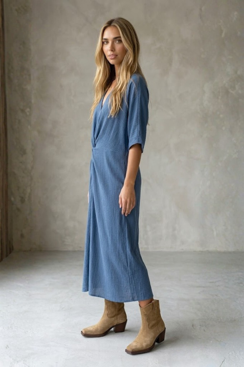 Elysa Knot-Front Textured Midi Dress