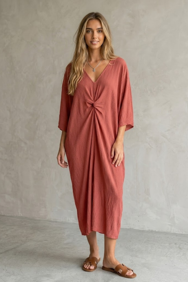 Elysa Knot-Front Textured Midi Dress