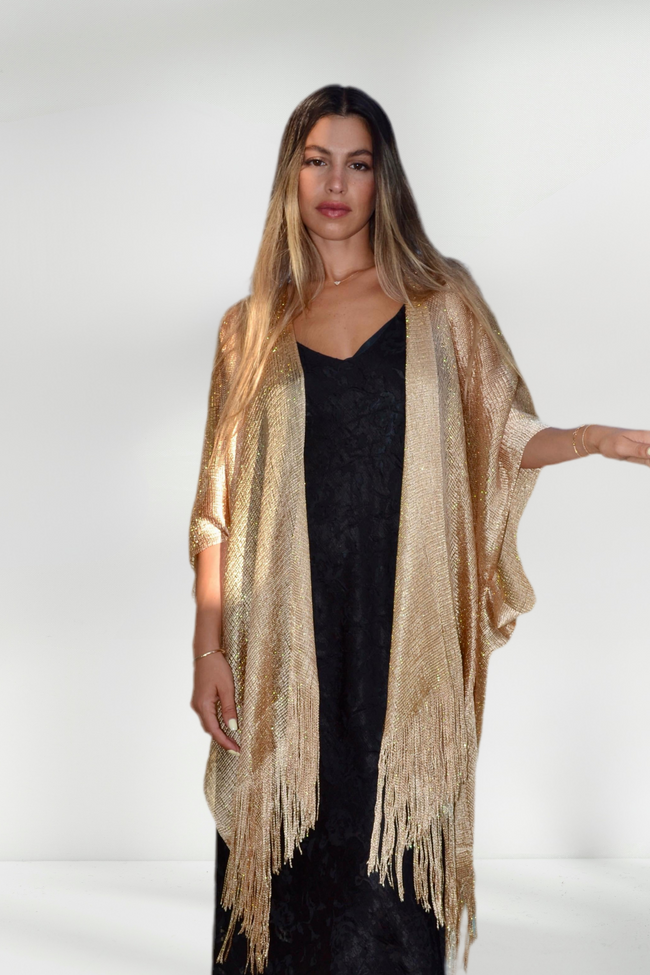 REINA METALLIC GOLD KIMONO WITH FRINGE DETAILS