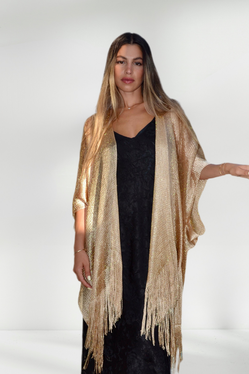 REINA METALLIC GOLD KIMONO WITH FRINGE DETAILS