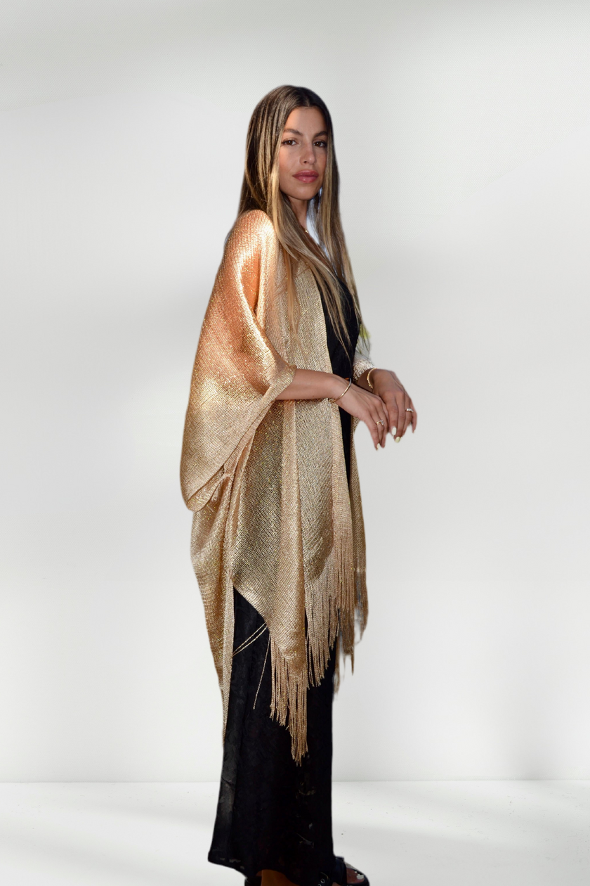 REINA METALLIC GOLD KIMONO WITH FRINGE DETAILS