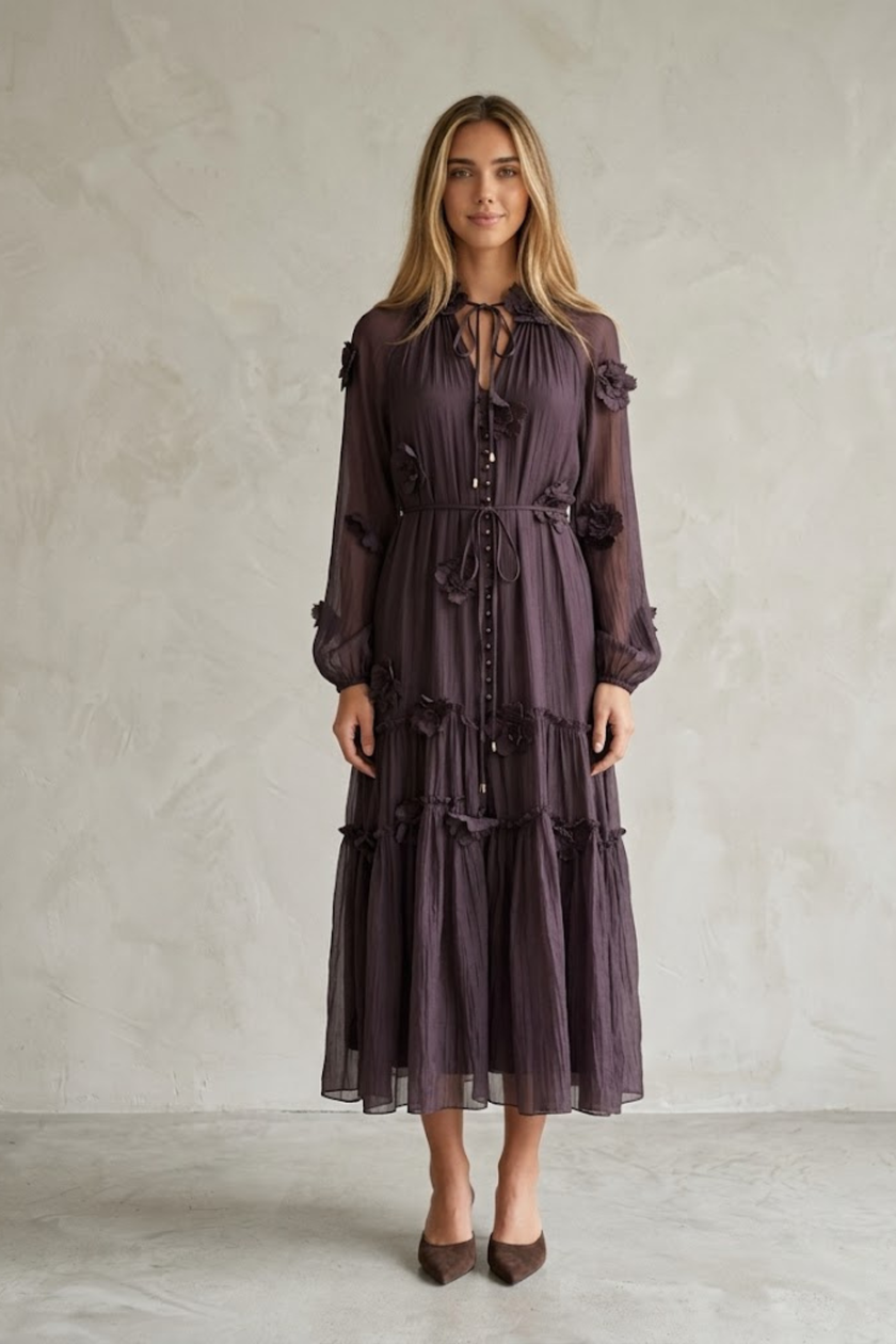 Thylane 3D Floral Chiffon Midi Dress