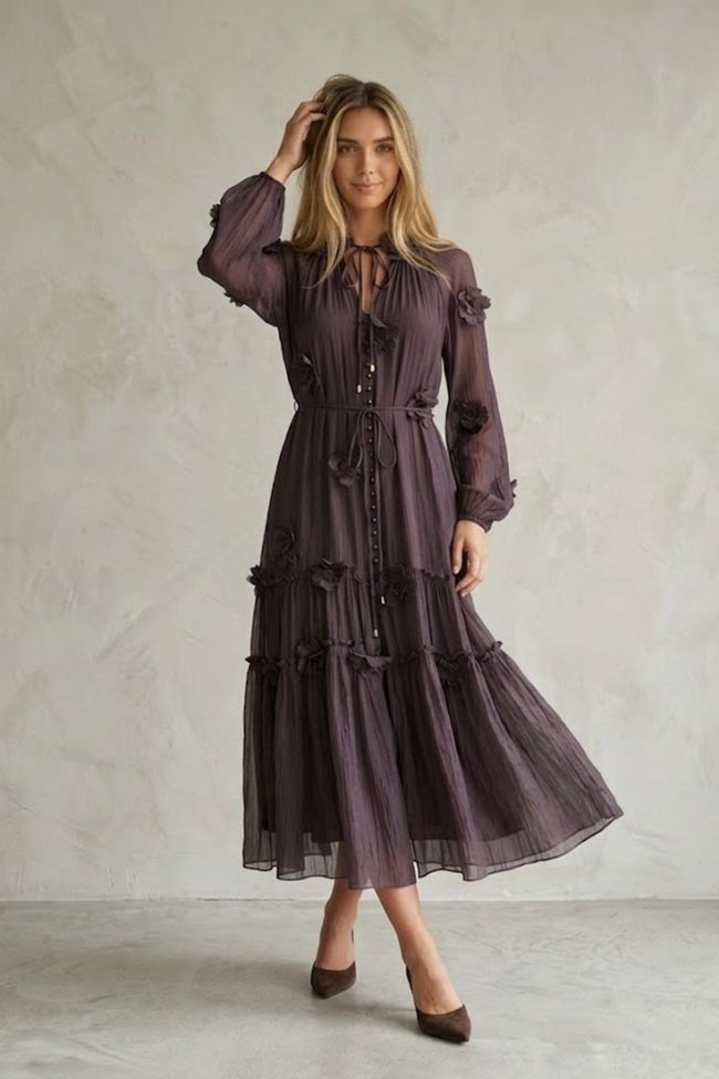 Thylane 3D Floral Chiffon Midi Dress
