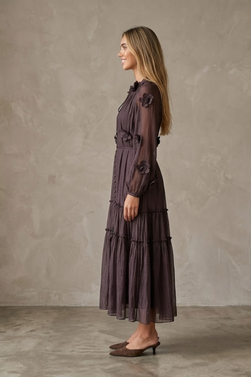 Thylane 3D Floral Chiffon Midi Dress