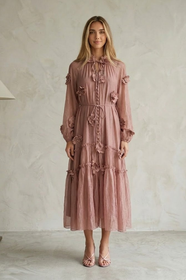 Thylane 3D Floral Chiffon Midi Dress