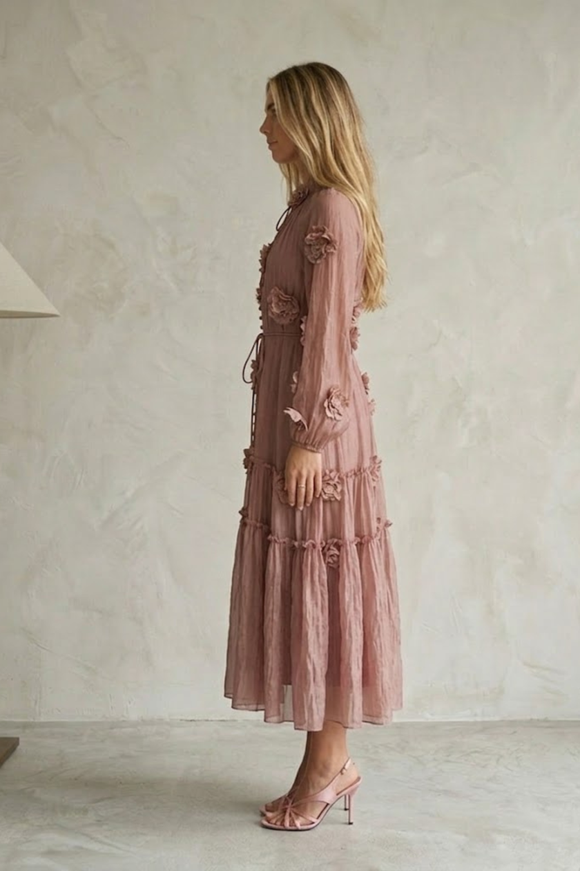 Thylane 3D Floral Chiffon Midi Dress