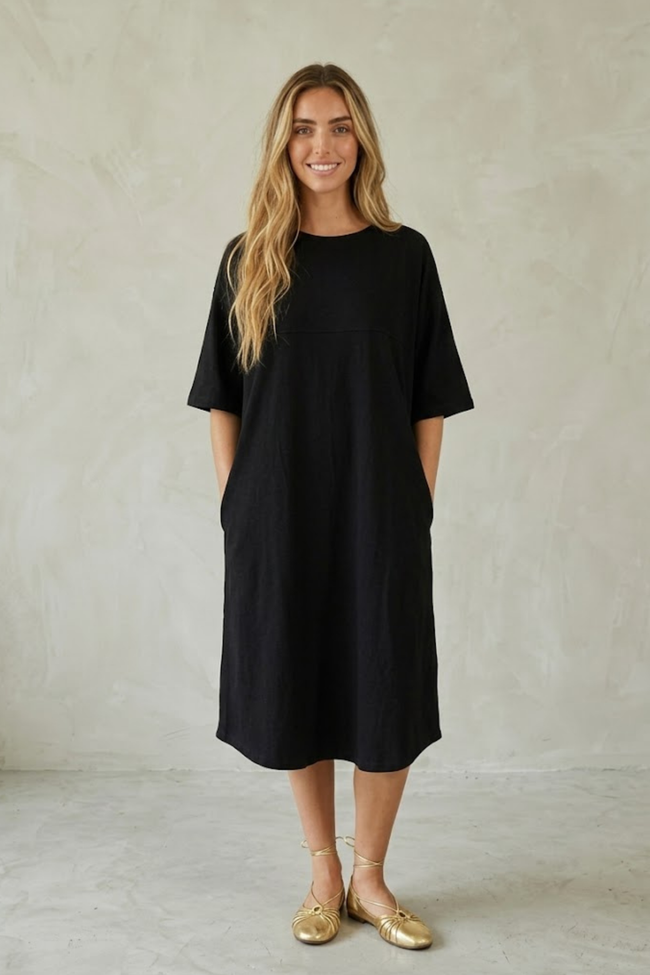Liora Black Midi Dress with Pockets