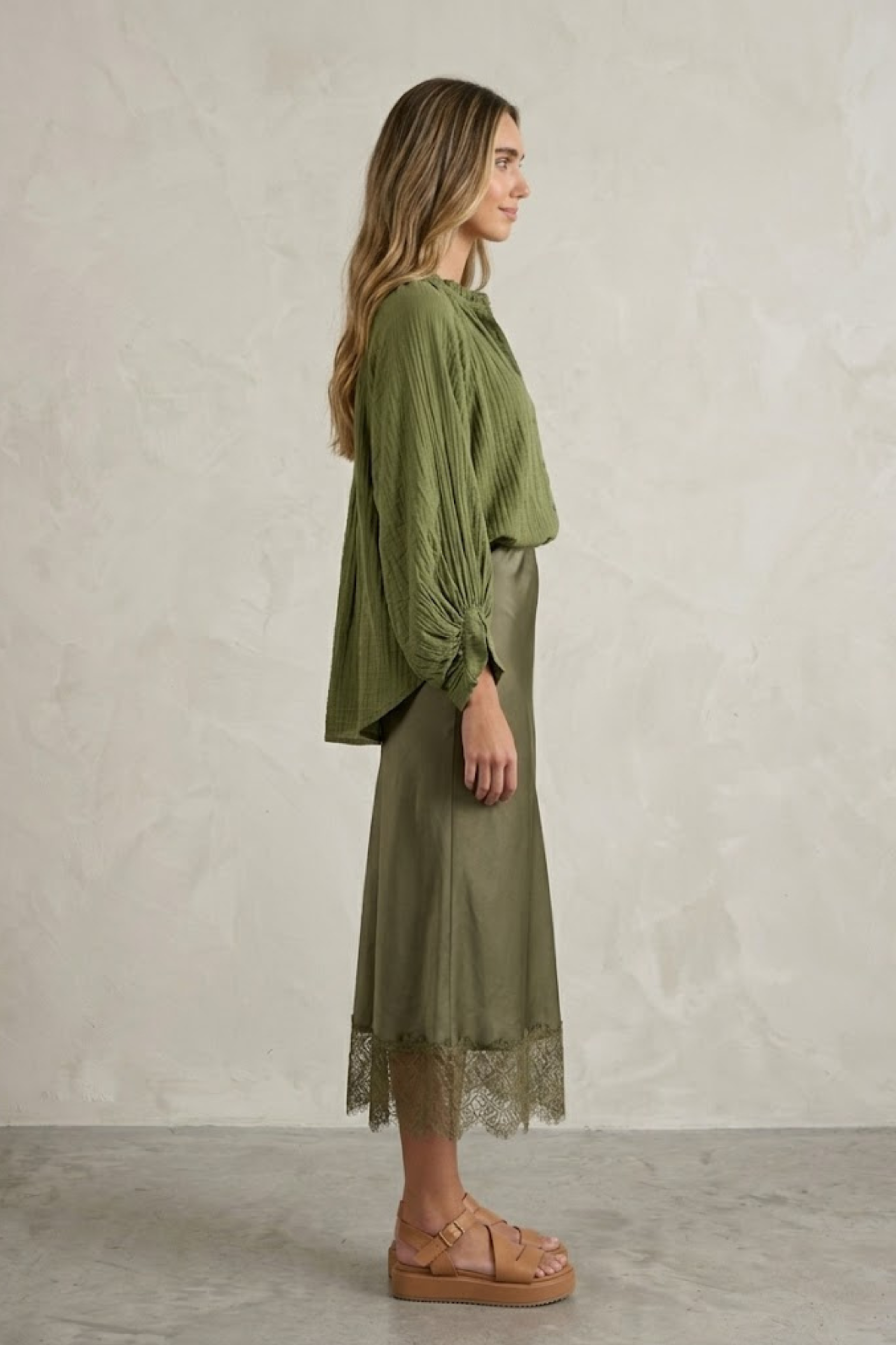 Romane Satin-Finish Skirt with Guipure Lace Trim