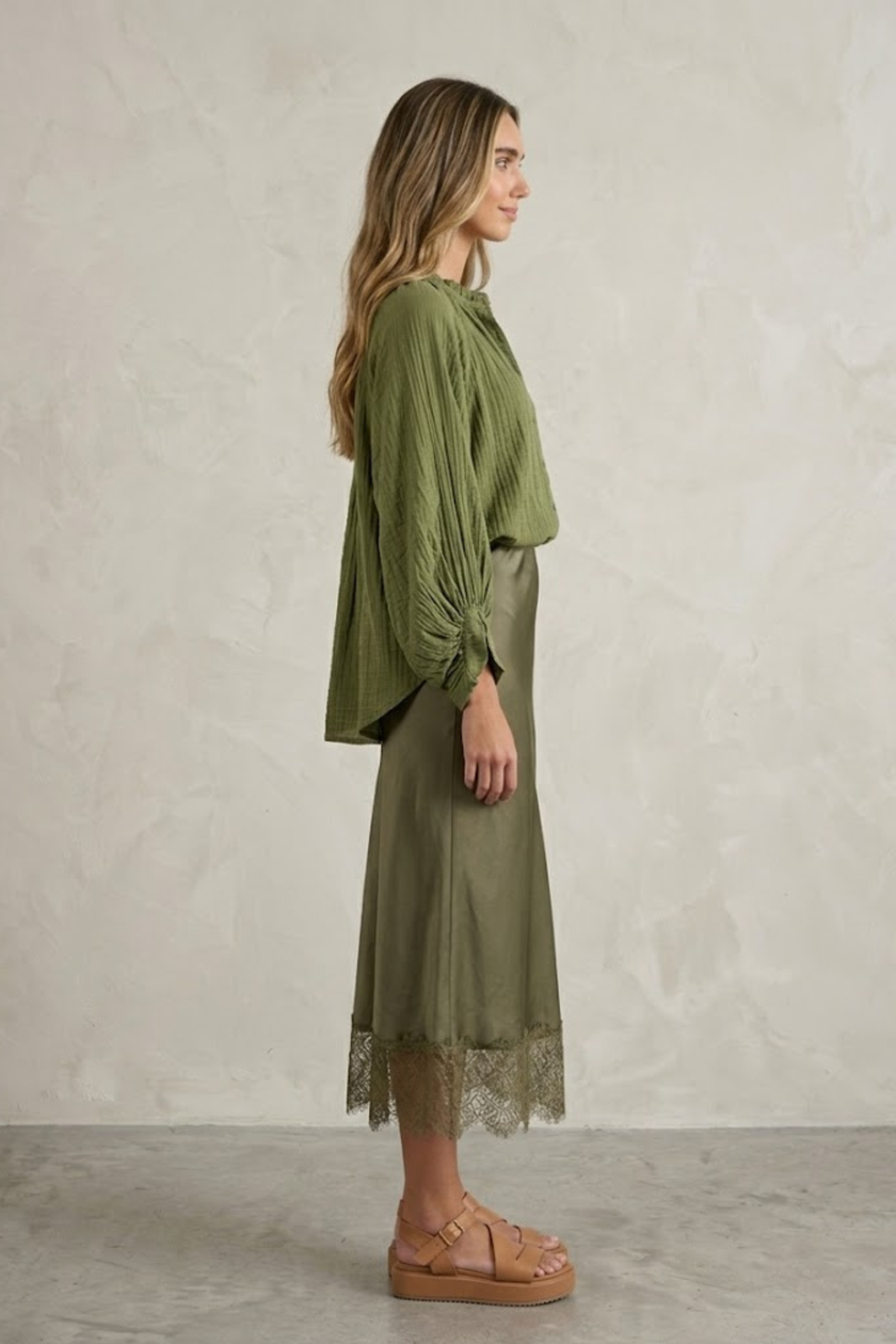 Romane Satin-Finish Skirt with Guipure Lace Trim