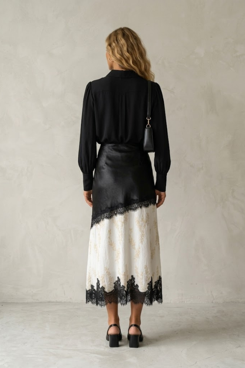 Elena Asymmetric Satin and Lace Midi Skirt