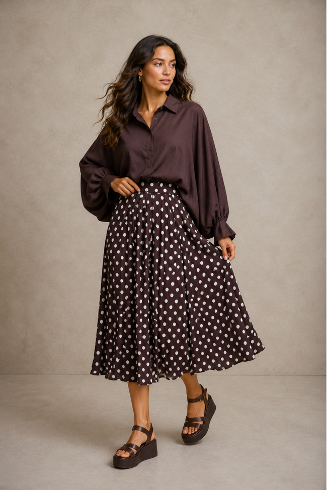 Monique Polka Dot Pleated Midi Skirt
