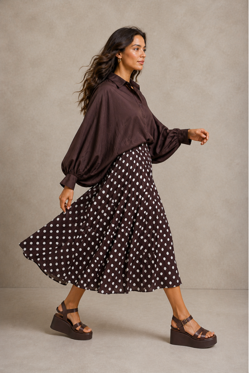 Monique Polka Dot Pleated Midi Skirt