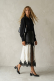 Elena Asymmetric Satin and Lace Midi Skirt