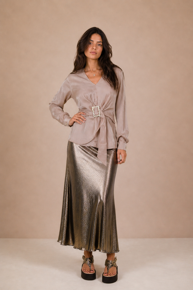 EVER BEIGE WRAP TOP WITH RHINESTONE BUCKLE