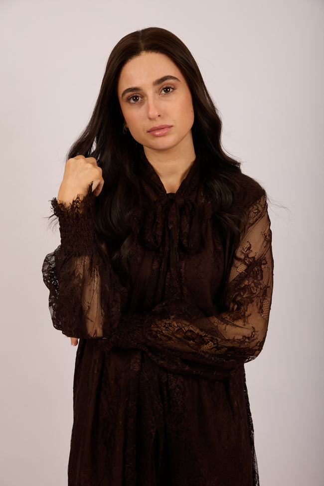 Mira Lace Midi Dress – Chocolate Brown