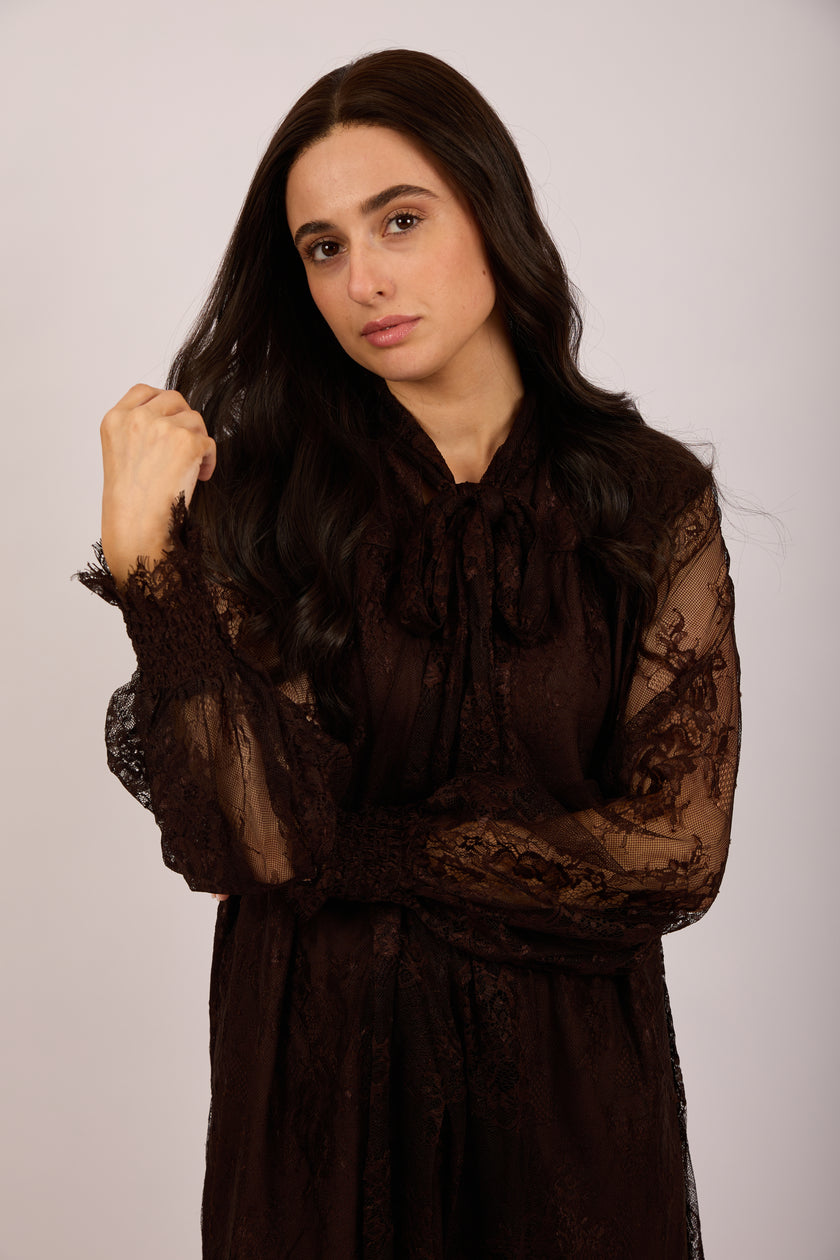 Mira Lace Midi Dress – Chocolate Brown