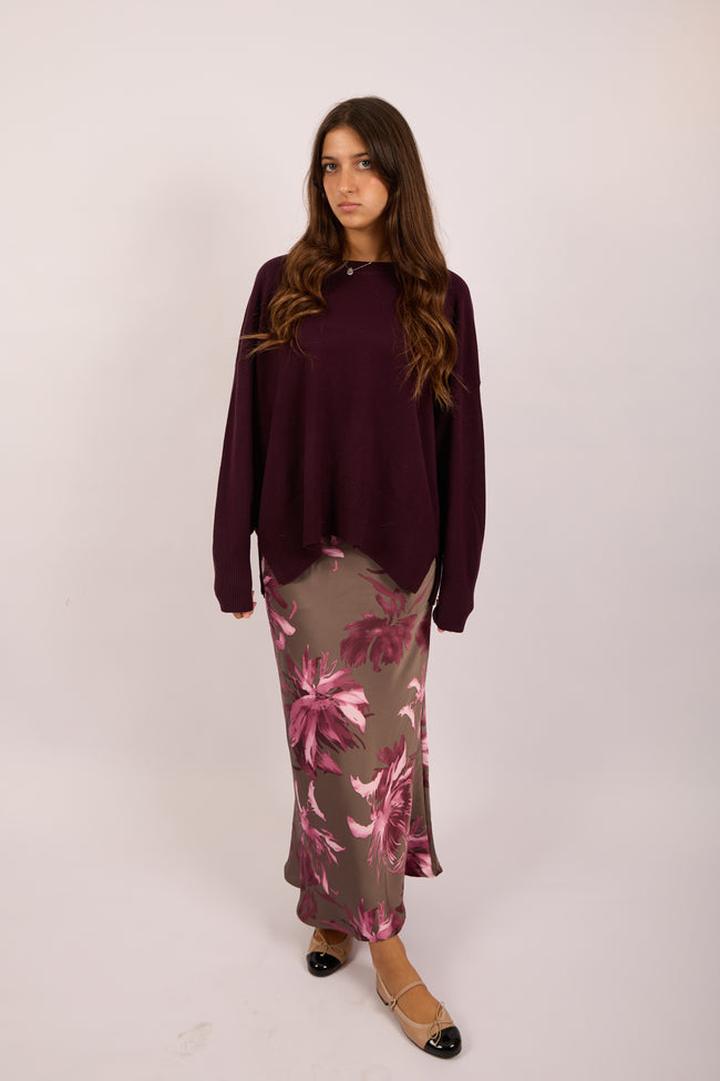 Floral Satin Maxi Skirt – Taupe & Fuchsia