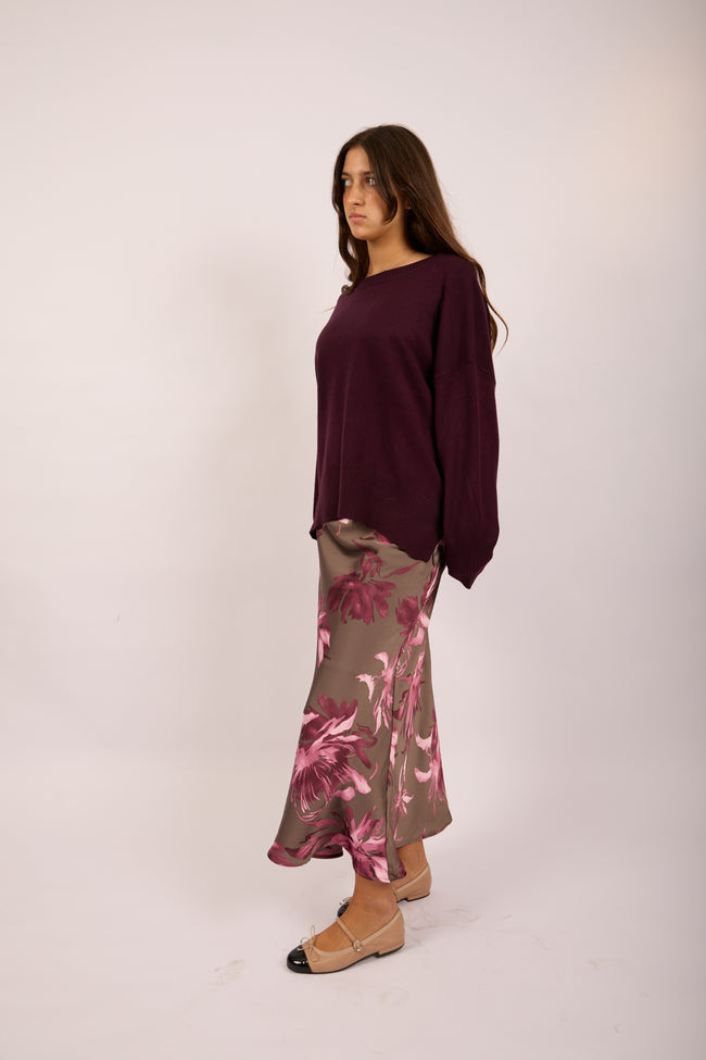 Floral Satin Maxi Skirt – Taupe & Fuchsia