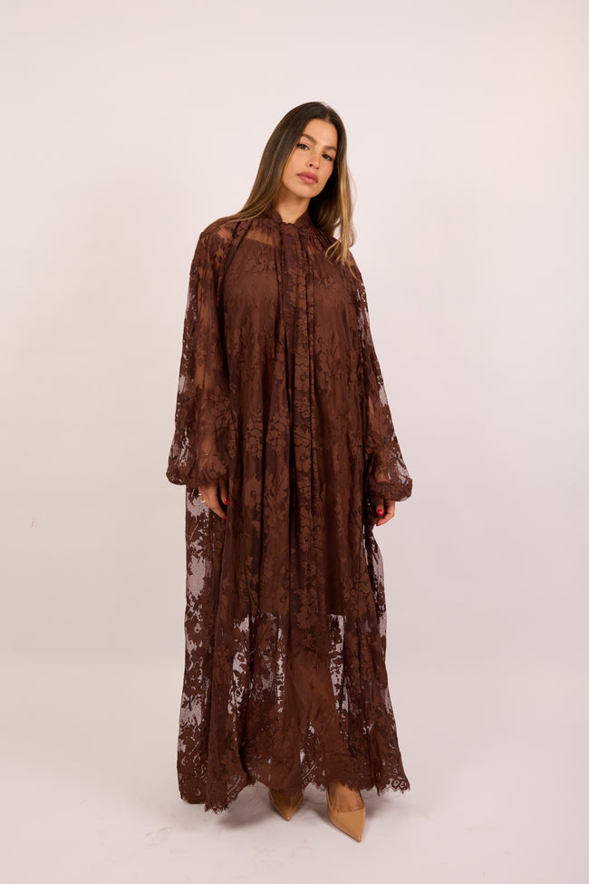 Amira Lace Maxi Dress – Chocolate/Ivory