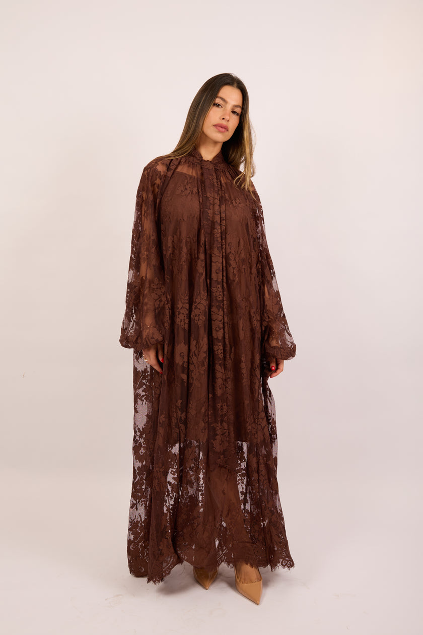 Amira Lace Maxi Dress – Chocolate/Ivory