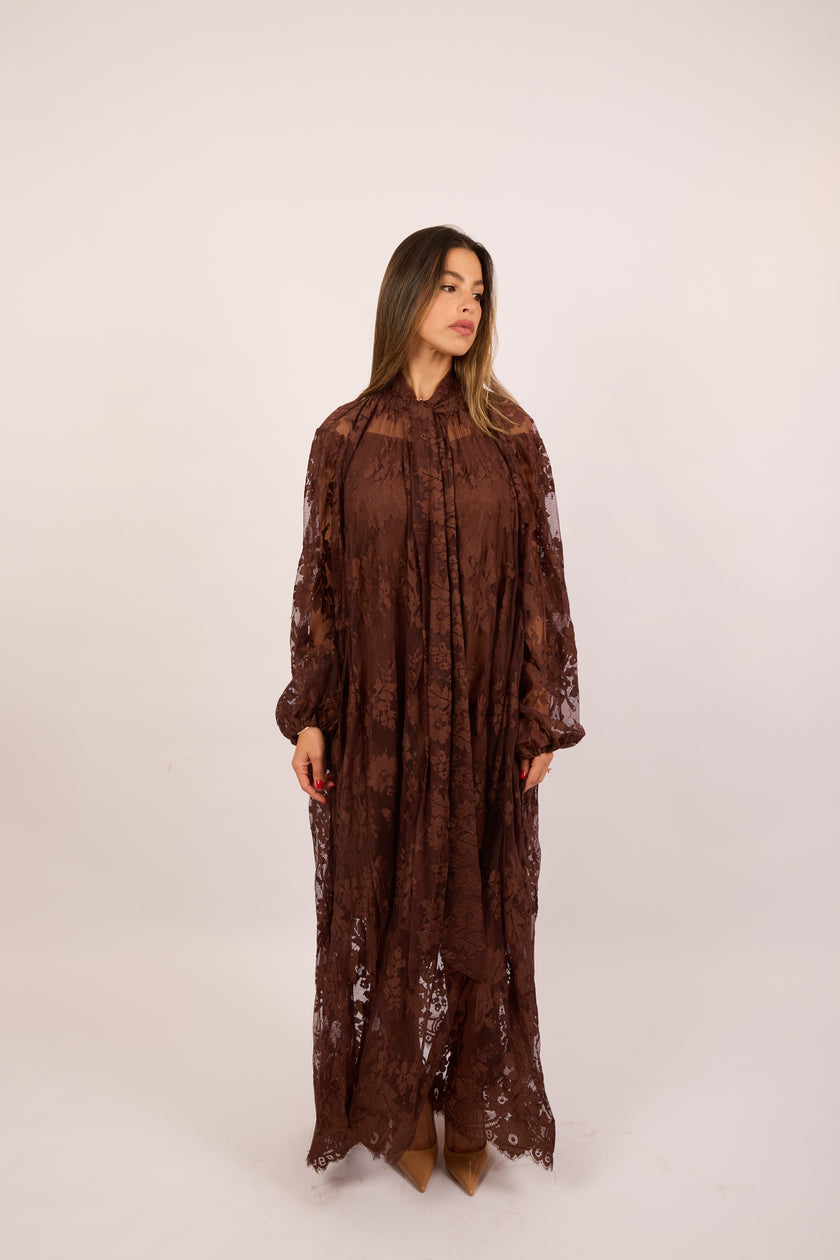 Amira Lace Maxi Dress – Chocolate/Ivory