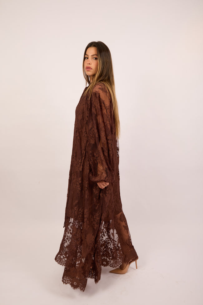 Amira Lace Maxi Dress – Chocolate/Ivory
