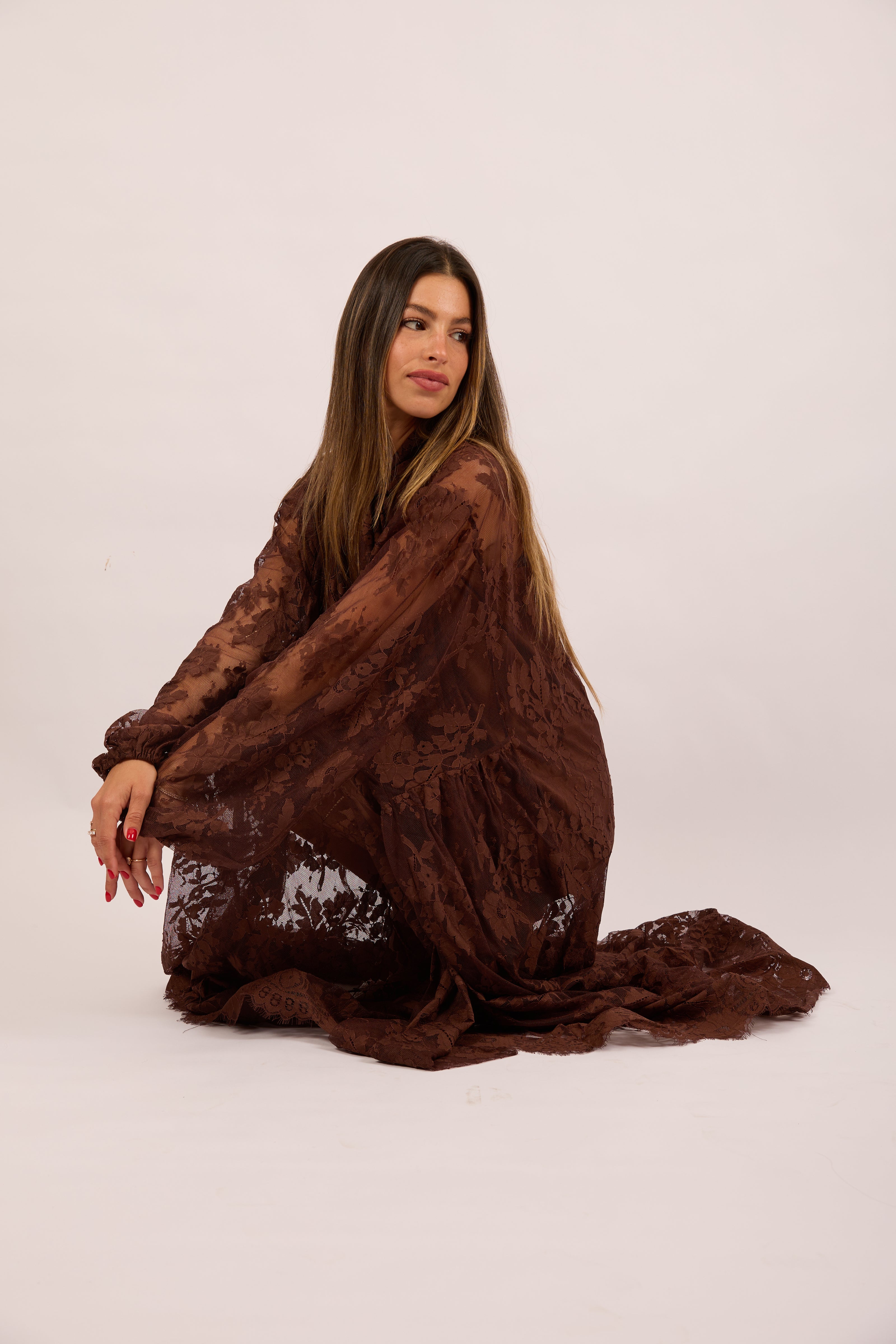 Amira Lace Maxi Dress – Chocolate/Ivory