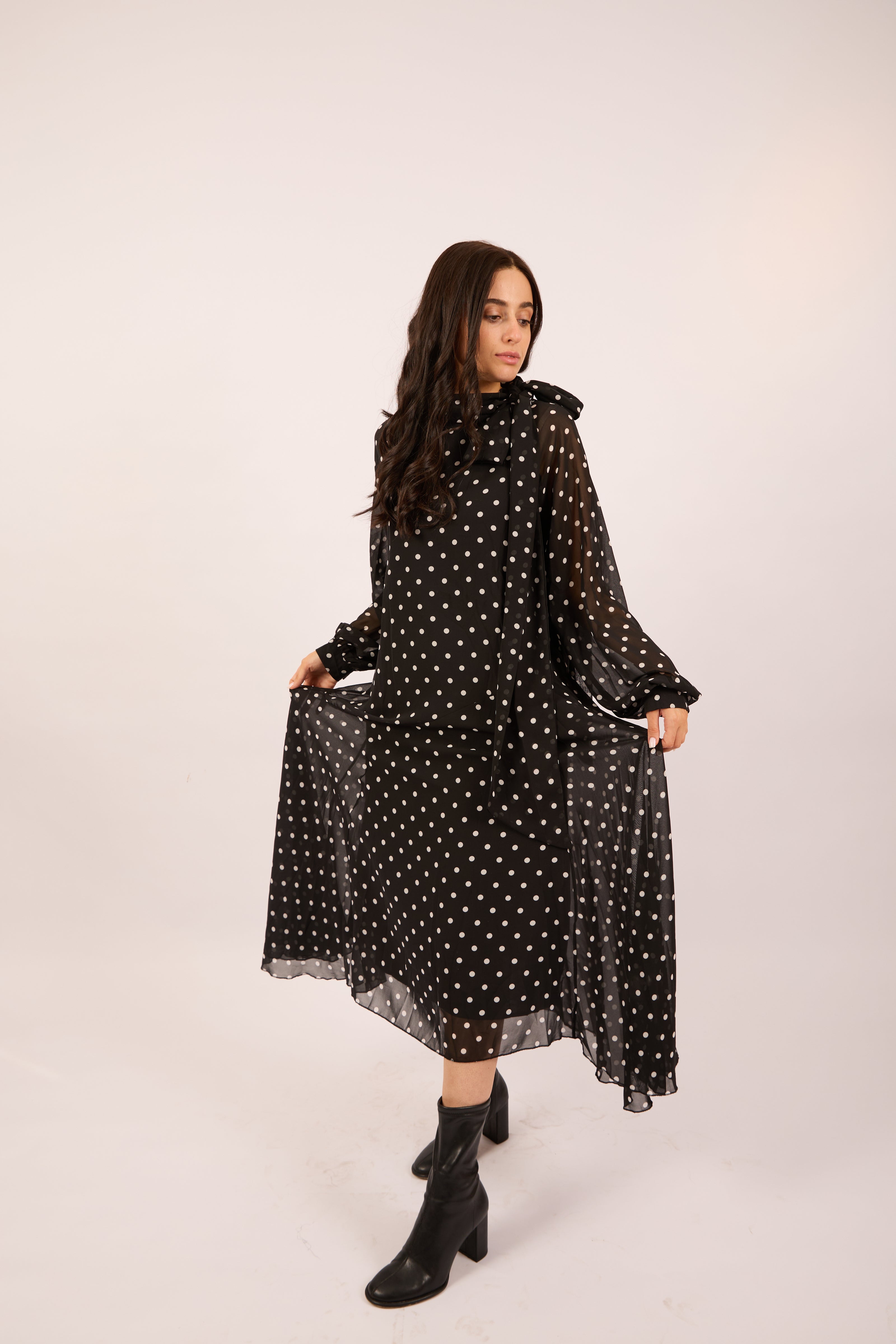 Mila Polka Dot Tie-Neck Dress