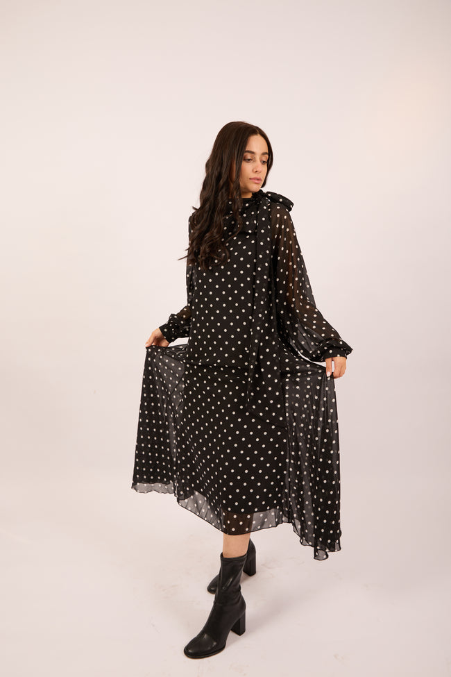 Mila Polka Dot Tie-Neck Dress