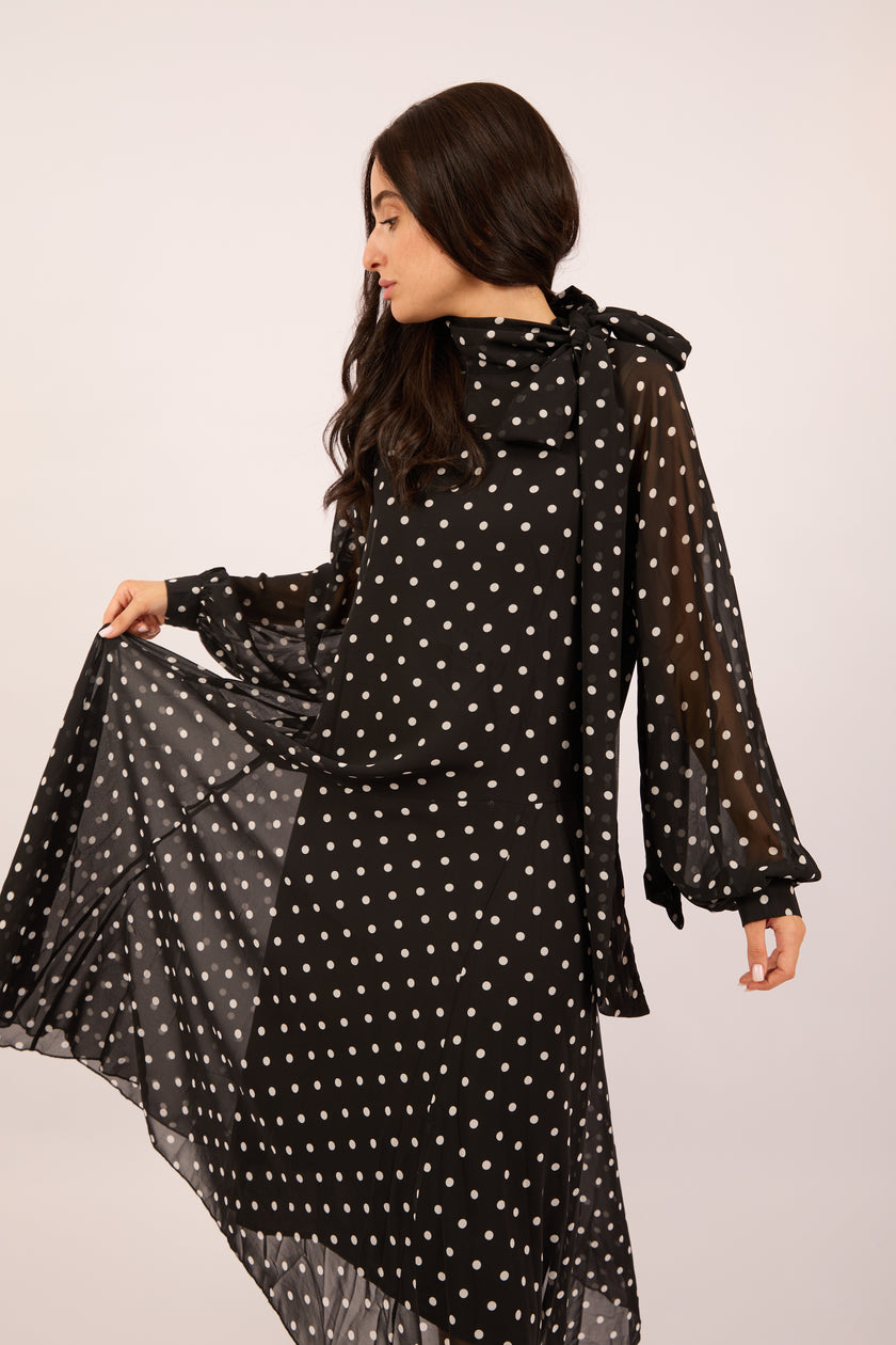 Mila Polka Dot Tie-Neck Dress