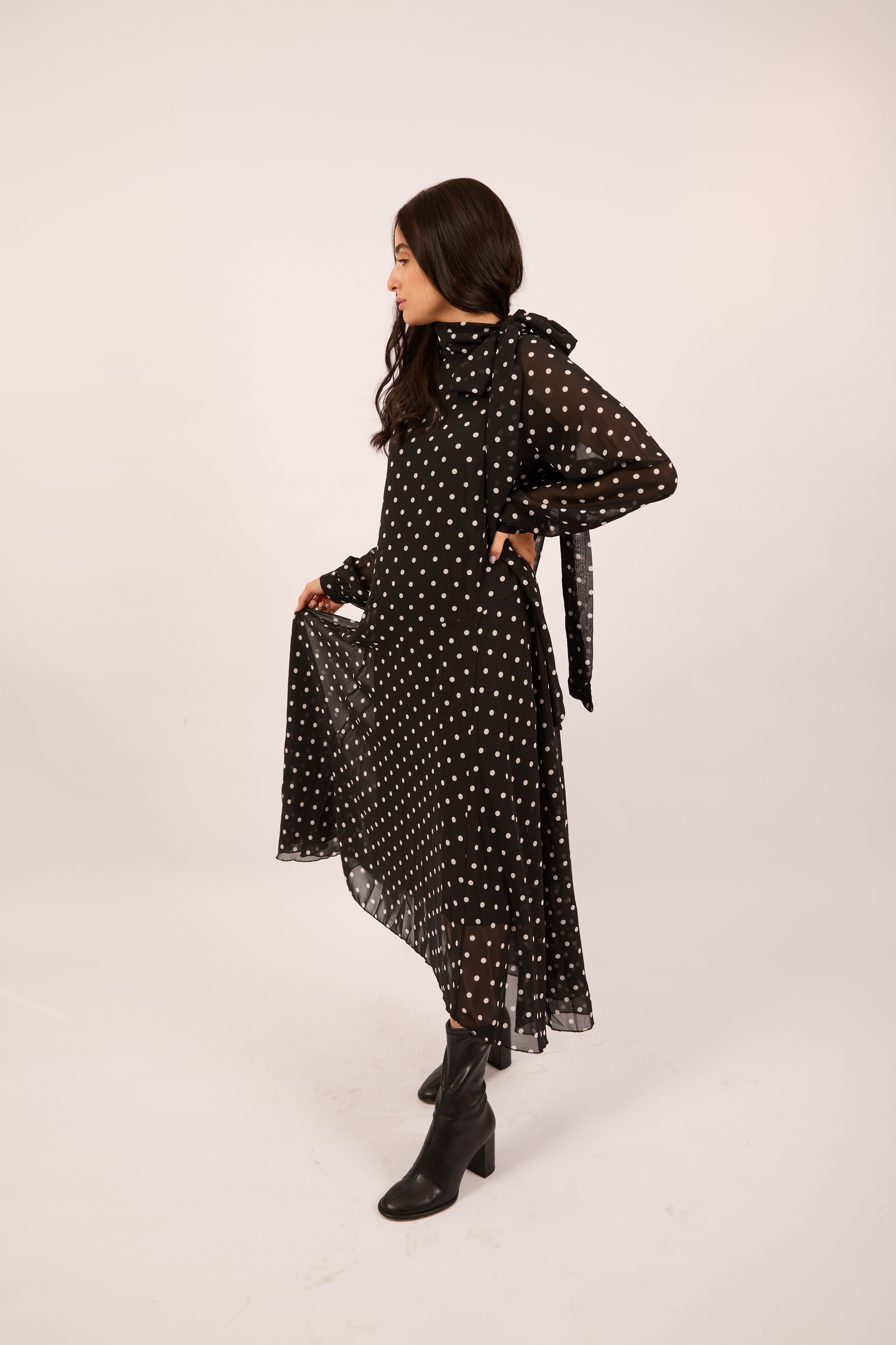 Mila Polka Dot Tie-Neck Dress