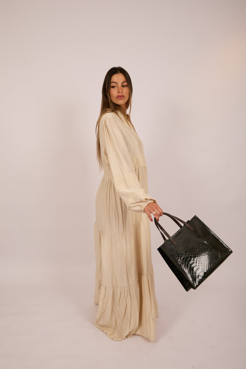 Noor Embroidered Maxi Dress – Black/Beige