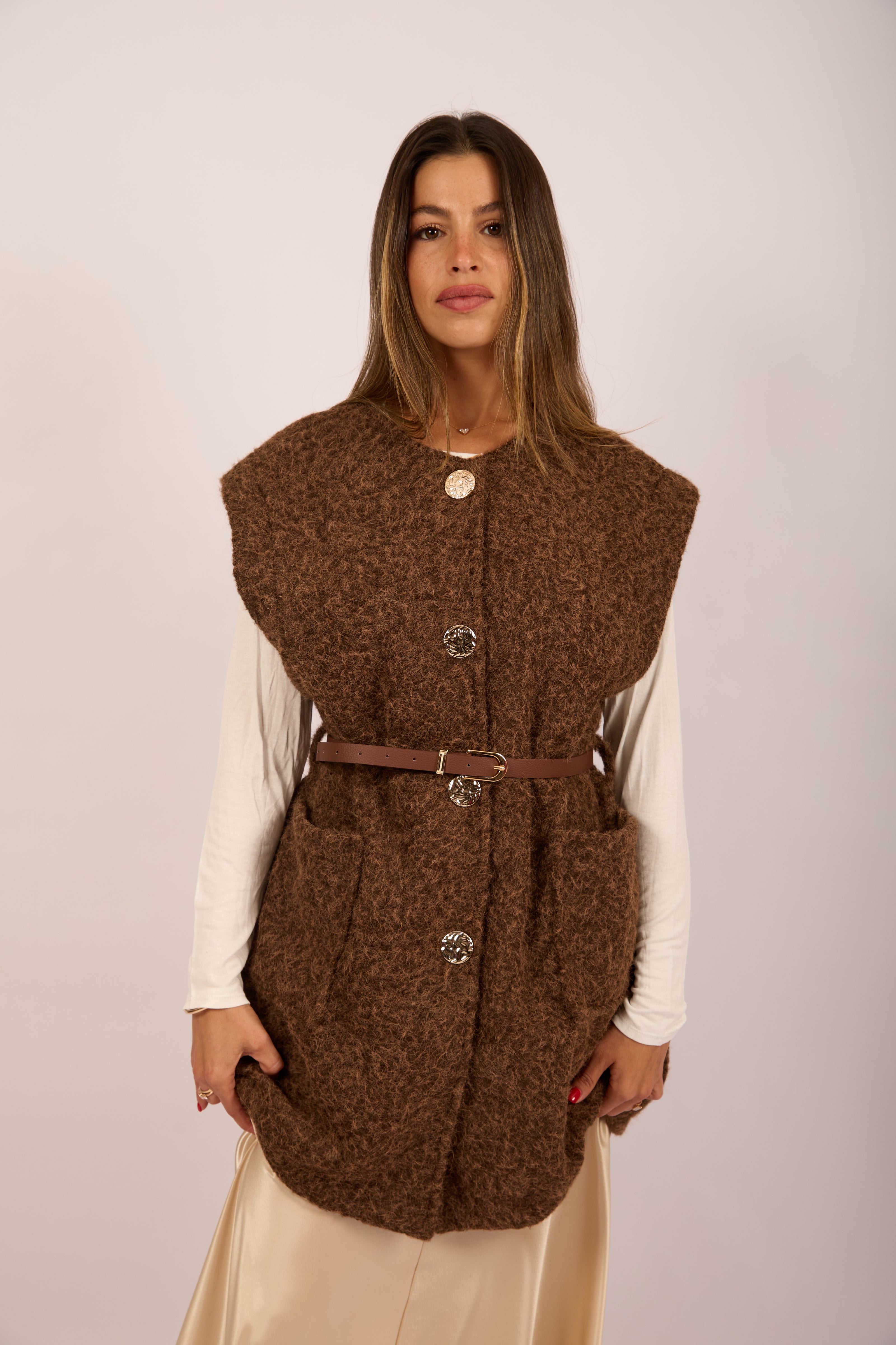 Sanava Textured Vest –  Ivory, Brown, Burgundy & Black